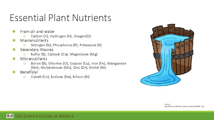 Essential Plant Nutrients ● From air and water ○ Carbon (C), Hydrogen (H), Oxygen(O)