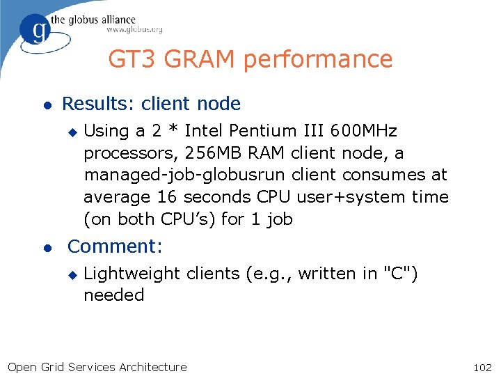 GT 3 GRAM performance l Results: client node u l Using a 2 *