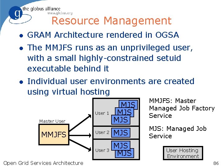 Resource Management l GRAM Architecture rendered in OGSA l The MMJFS runs as an