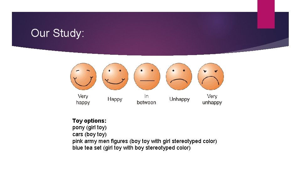 Our Study: Toy options: pony (girl toy) cars (boy toy) pink army men figures Our Study: Toy options: pony (girl toy) cars (boy toy) pink army men figures