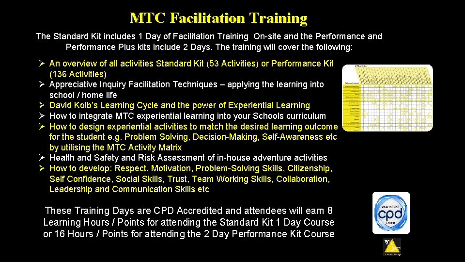 MTC Facilitation Training The Standard Kit includes 1 Day of Facilitation Training On-site and