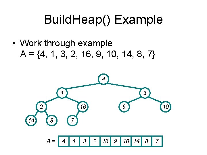 Build. Heap() Example • Work through example A = {4, 1, 3, 2, 16,