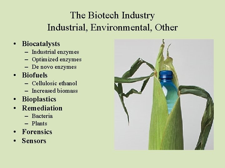 The Biotech Industry Industrial, Environmental, Other • Biocatalysts – Industrial enzymes – Optimized enzymes