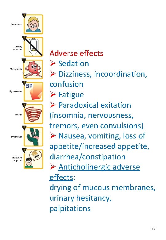 Adverse effects Ø Sedation Ø Dizziness, incoordination, confusion Ø Fatigue Ø Paradoxical exitation (insomnia,