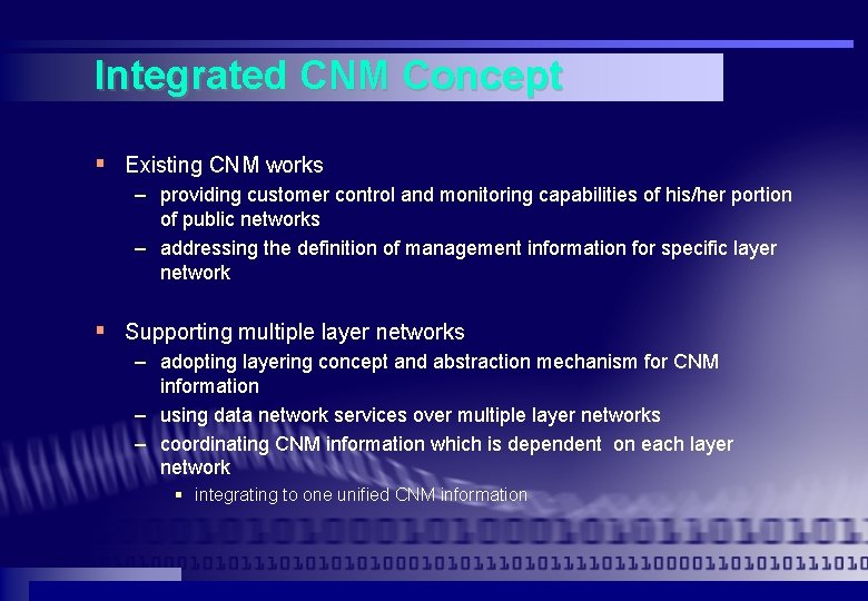 Integrated CNM Concept § Existing CNM works – providing customer control and monitoring capabilities Integrated CNM Concept § Existing CNM works – providing customer control and monitoring capabilities