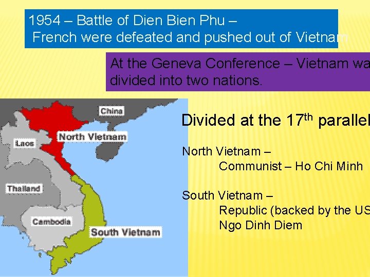 1954 – Battle of Dien Bien Phu – French were defeated and pushed out
