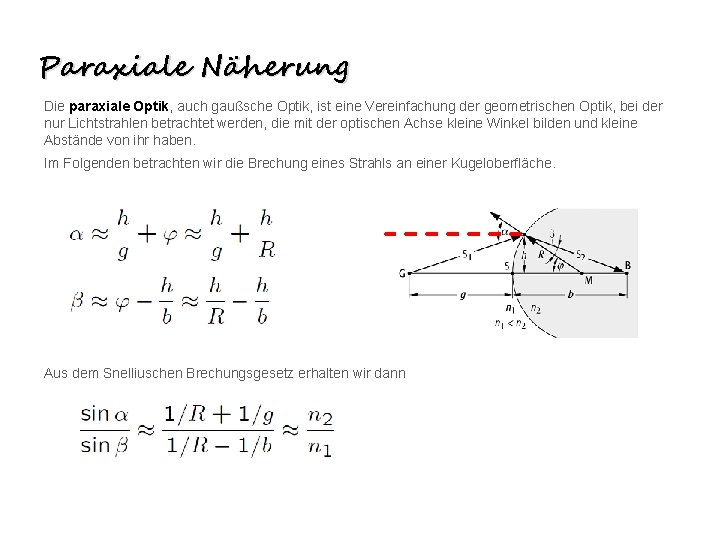 Paraxiale Näherung Die paraxiale Optik, auch gaußsche Optik, ist eine Vereinfachung der geometrischen Optik,