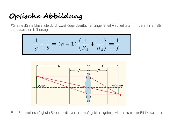 Optische Abbildung Für eine dünne Linse, die durch zwei Kugeloberflächen angenähert wird, erhalten wir