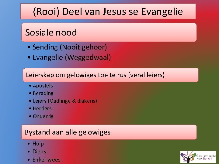 (Rooi) Deel van Jesus se Evangelie Sosiale nood • Sending (Nooit gehoor) • Evangelie