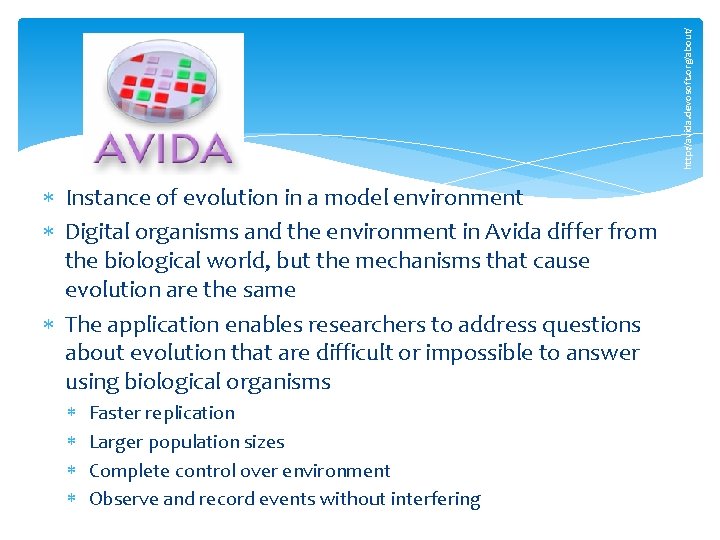http: //avida. devosoft. org/about/ Instance of evolution in a model environment Digital organisms and