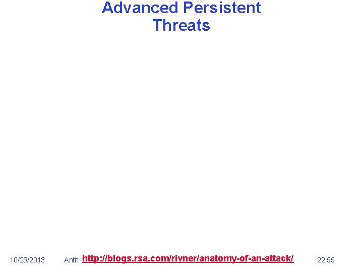 Advanced Persistent Threats 10/25/2013 http: //blogs. rsa. com/rivner/anatomy-of-an-attack/ Anthony D. Joseph and John Canny