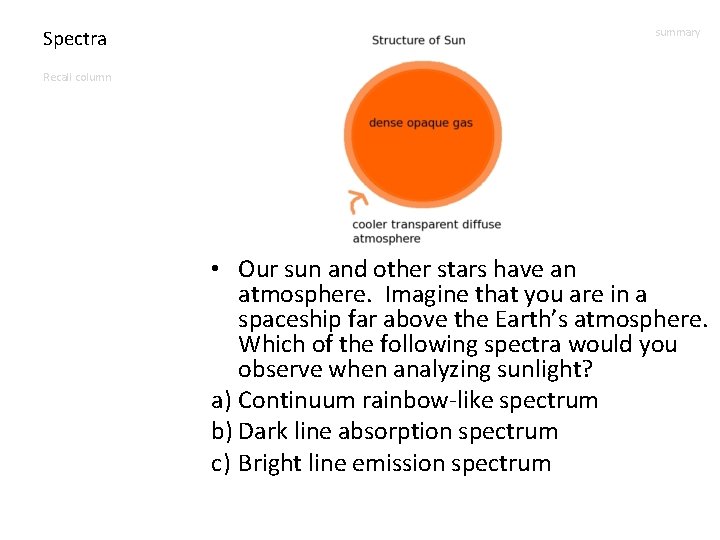 Spectra summary Recall column • Our sun and other stars have an atmosphere. Imagine