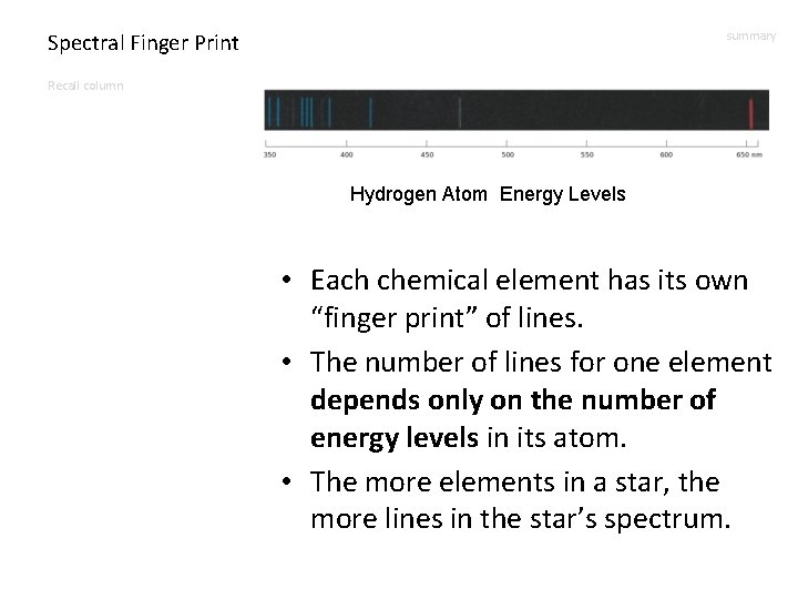 Spectral Finger Print summary Recall column Hydrogen Atom Energy Levels • Each chemical element