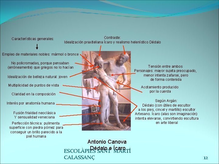 Características generales: Contraste: Idealización praxiteliana Ícaro y realismo helenístico Dédalo Empleo de materiales nobles: