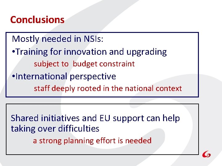 Conclusions Mostly needed in NSIs: • Training for innovation and upgrading subject to budget Conclusions Mostly needed in NSIs: • Training for innovation and upgrading subject to budget