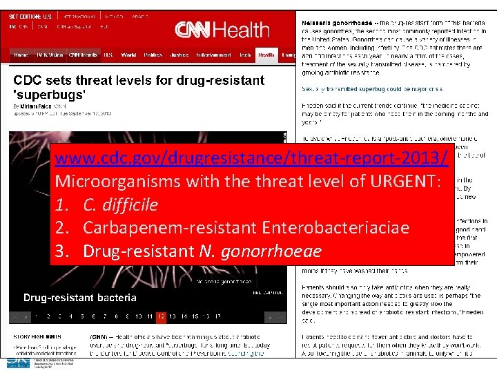 www. cdc. gov/drugresistance/threat-report-2013/ Microorganisms with the threat level of URGENT: 1. C. difficile 2.