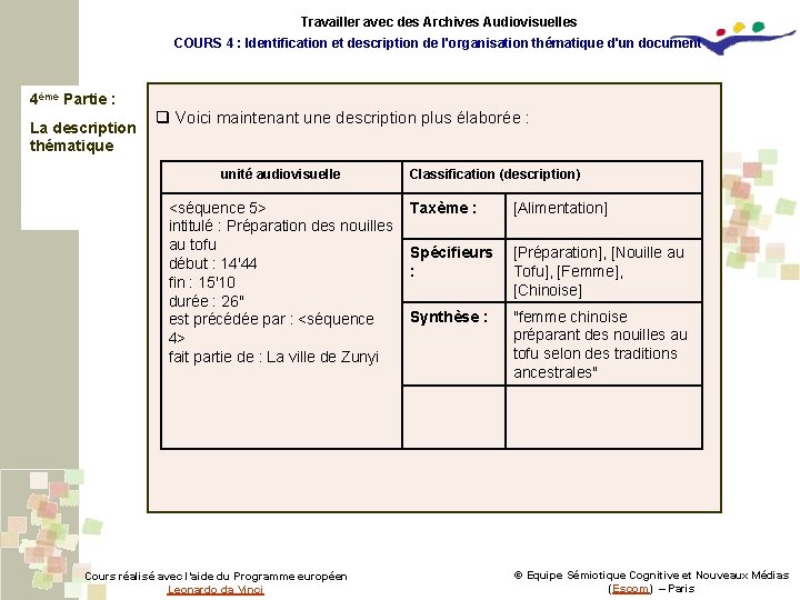 Travailler avec des Archives Audiovisuelles COURS 4 : Identification et description de l'organisation thématique