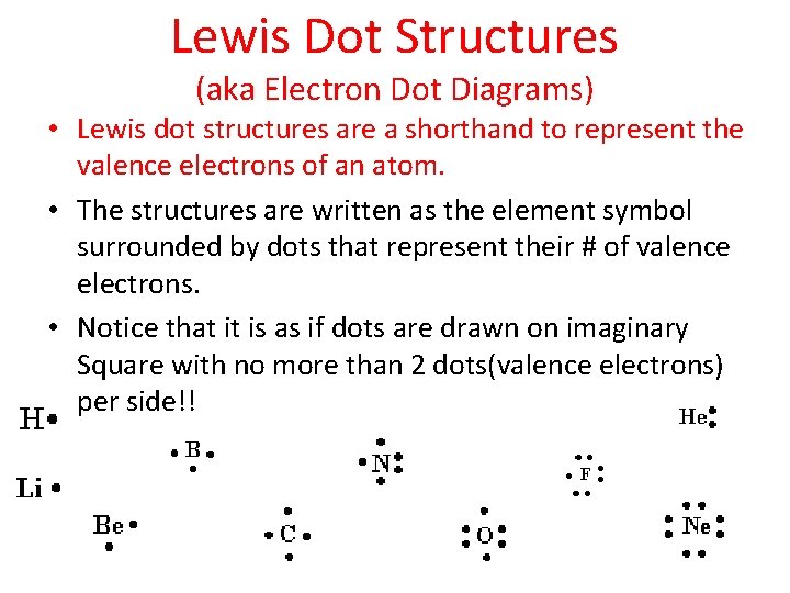 Lewis Dot Structures (aka Electron Dot Diagrams) • Lewis dot structures are a shorthand