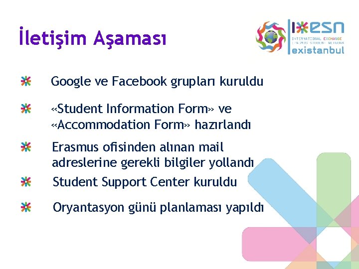 İletişim Aşaması Google ve Facebook grupları kuruldu «Student Information Form» ve «Accommodation Form» hazırlandı