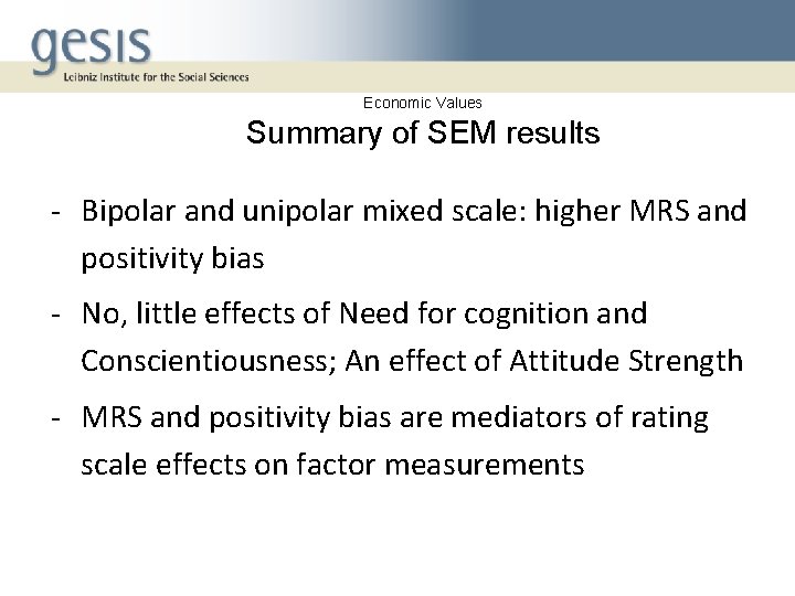 Economic Values Summary of SEM results - Bipolar and unipolar mixed scale: higher MRS