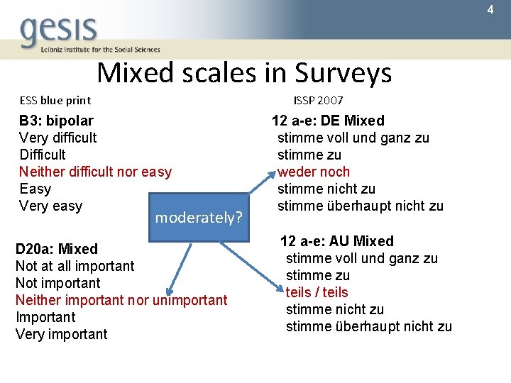 4 Mixed scales in Surveys ESS blue print ISSP 2007 B 3: bipolar Very