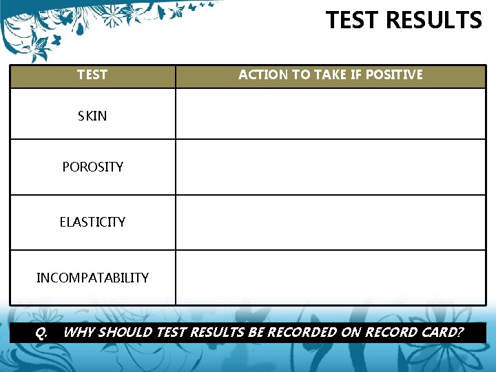 TEST RESULTS TEST ACTION TO TAKE IF POSITIVE SKIN POROSITY ELASTICITY INCOMPATABILITY Q. WHY