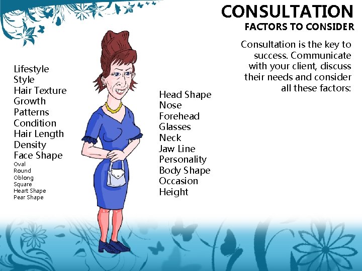 CONSULTATION FACTORS TO CONSIDER Lifestyle Style Hair Texture Growth Patterns Condition Hair Length Density