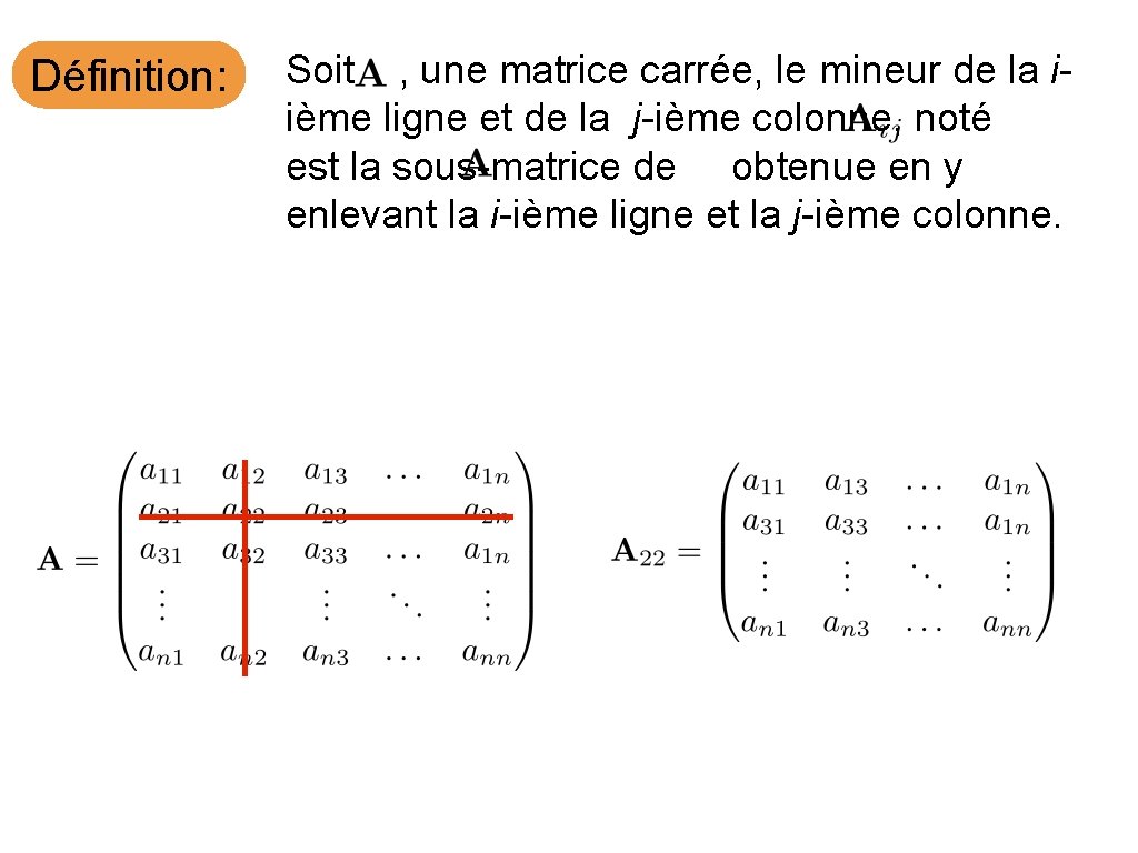 Définition: Soit , une matrice carrée, le mineur de la iième ligne et de