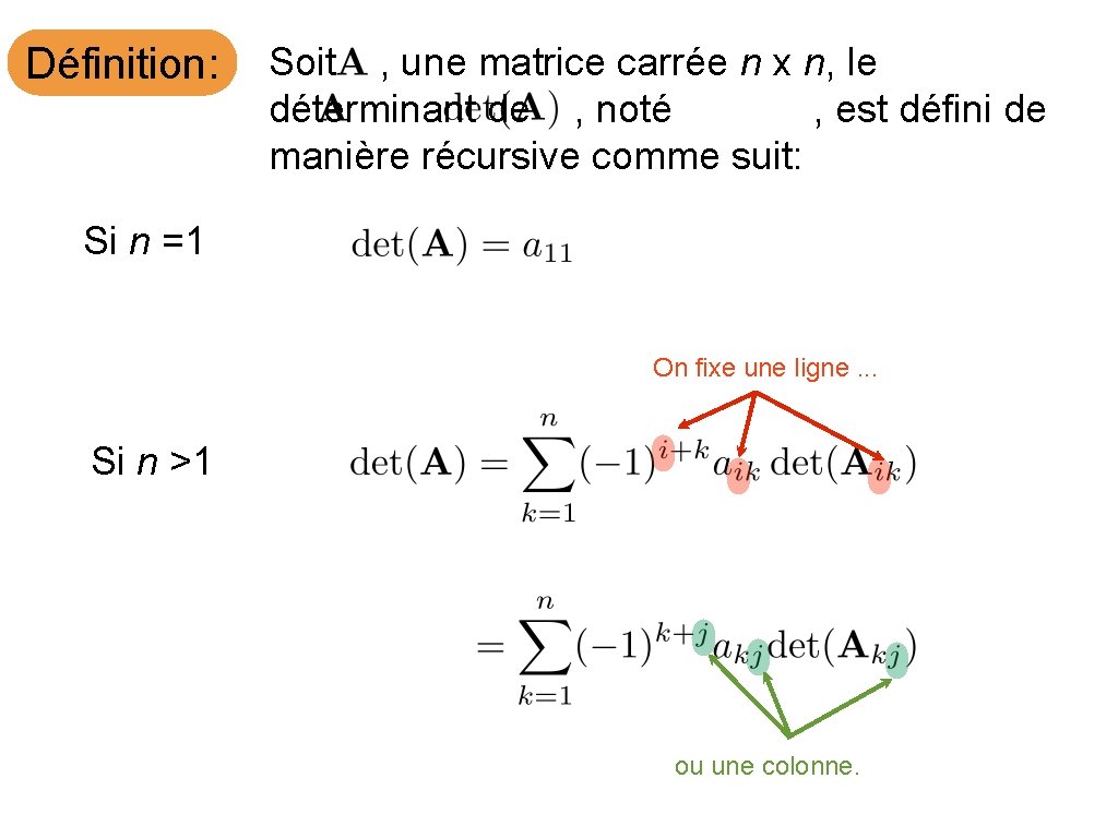 Définition: Soit , une matrice carrée n x n, le déterminant de , noté