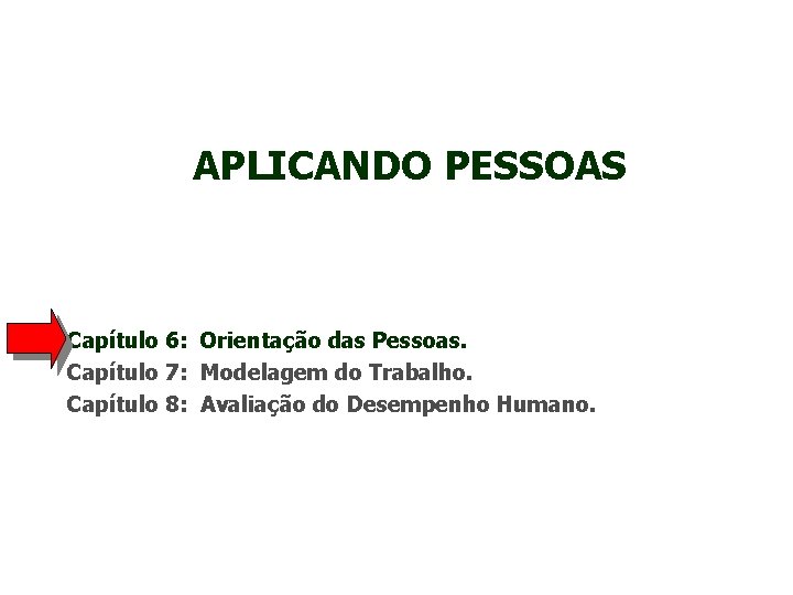 APLICANDO PESSOAS Capítulo 6: Orientação das Pessoas. Capítulo 7: Modelagem do Trabalho. Capítulo 8:
