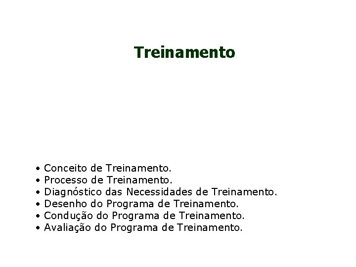 Treinamento • Conceito de Treinamento. • Processo de Treinamento. • Diagnóstico das Necessidades de