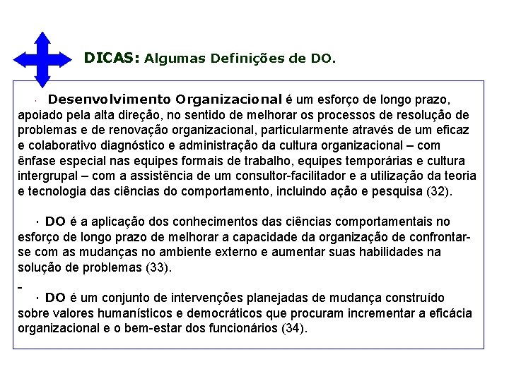 DICAS: Algumas Definições de DO. Desenvolvimento Organizacional é um esforço de longo prazo, apoiado