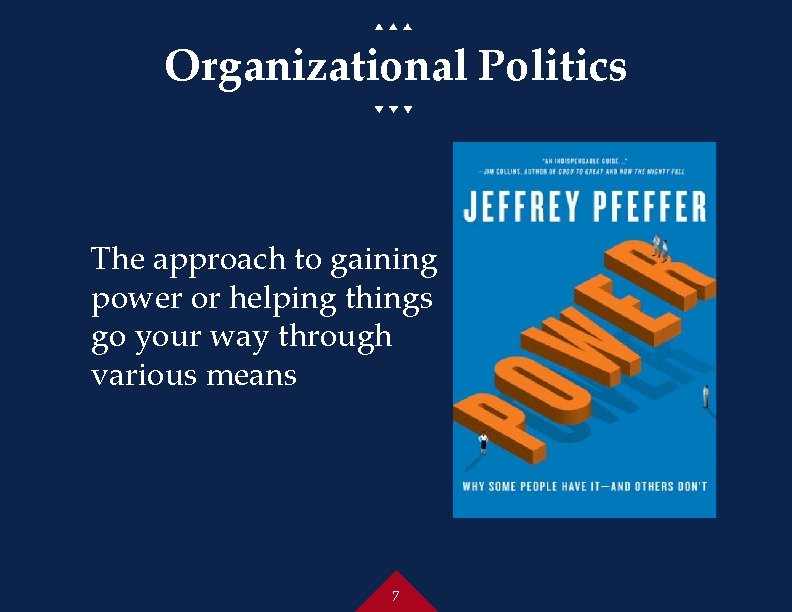 Organizational Politics The approach to gaining power or helping things go your way through