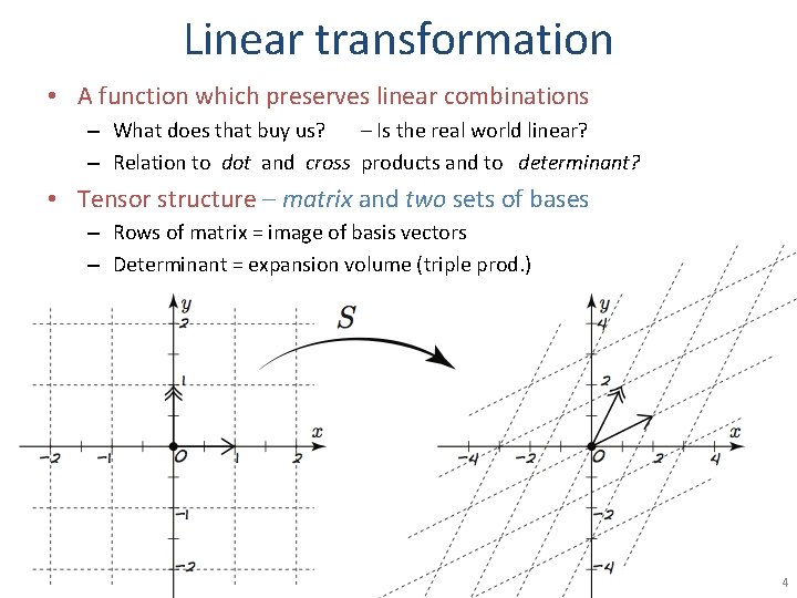 Linear transformation • A function which preserves linear combinations – What does that buy