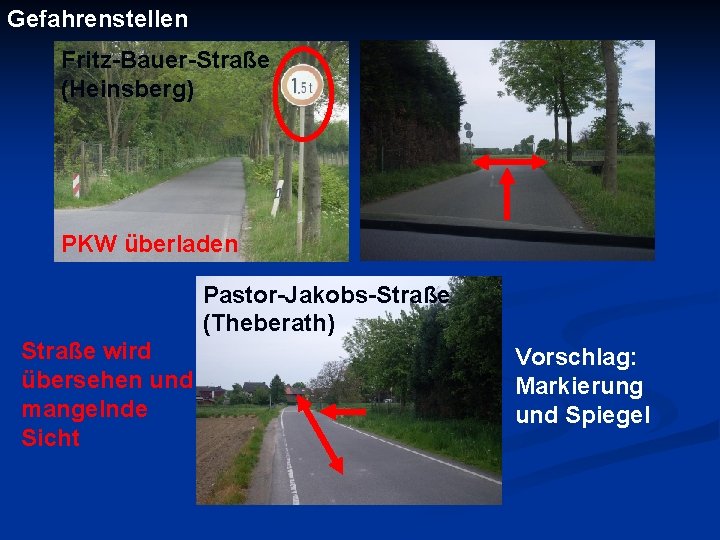 Gefahrenstellen Fritz-Bauer-Straße (Heinsberg) PKW überladen Pastor-Jakobs-Straße (Theberath) Straße wird übersehen und mangelnde Sicht Vorschlag: