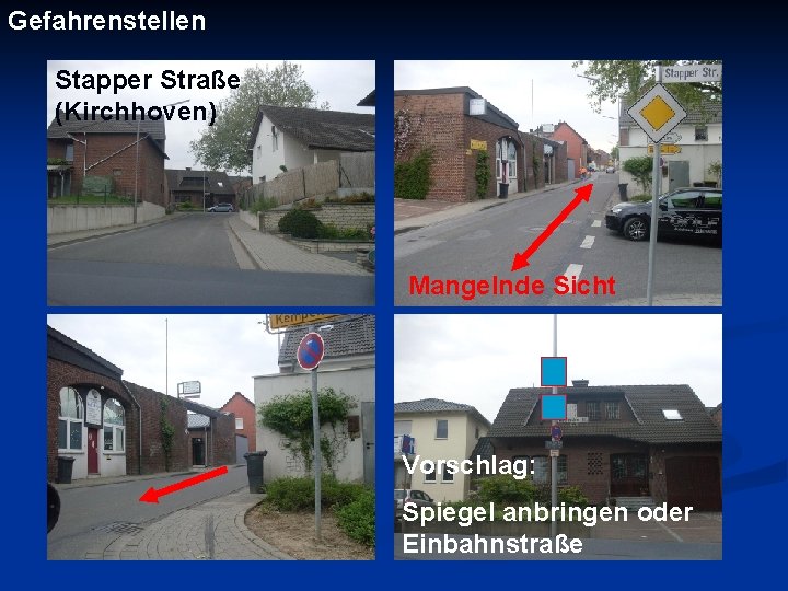 Gefahrenstellen Stapper Straße (Kirchhoven) Mangelnde Sicht Vorschlag: Spiegel anbringen oder Einbahnstraße 