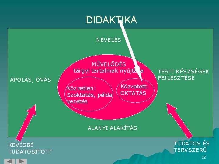 DIDAKTIKA NEVELÉS MŰVELŐDÉS tárgyi tartalmak nyújtása ÁPOLÁS, ÓVÁS Közvetlen: Szoktatás, példa vezetés TESTI KÉSZSÉGEK