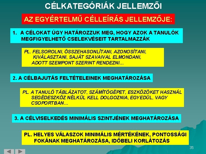 CÉLKATEGÓRIÁK JELLEMZŐI AZ EGYÉRTELMŰ CÉLLEÍRÁS JELLEMZŐJE: 1. A CÉLOKAT ÚGY HATÁROZZUK MEG, HOGY AZOK