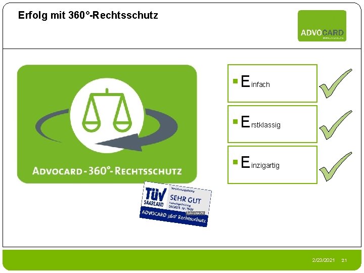 Erfolg mit 360°-Rechtsschutz § Einfach § Erstklassig § Einzigartig 2/23/2021 21 