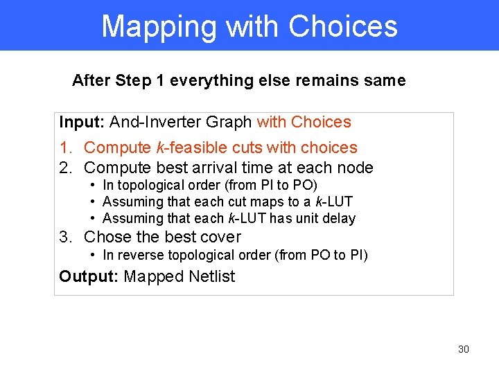 Mapping with Choices After Step 1 everything else remains same Input: And-Inverter Graph with