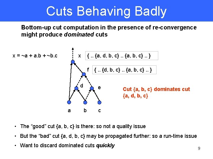 Cuts Behaving Badly Bottom-up cut computation in the presence of re-convergence might produce dominated