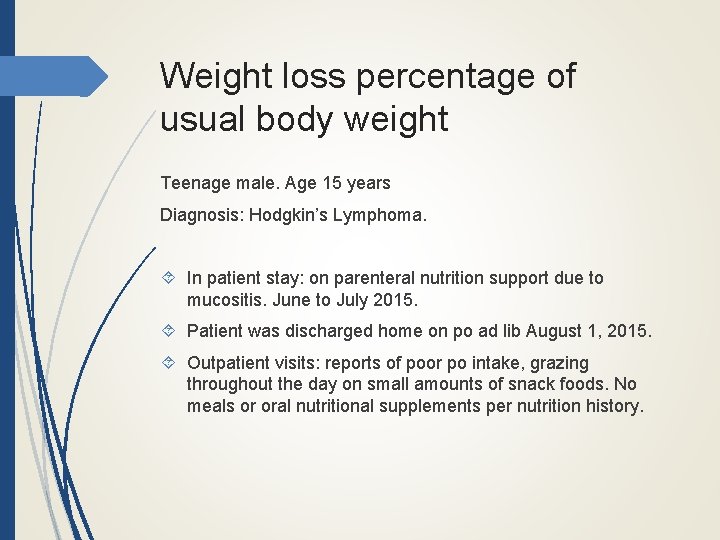 Weight loss percentage of usual body weight Teenage male. Age 15 years Diagnosis: Hodgkin’s