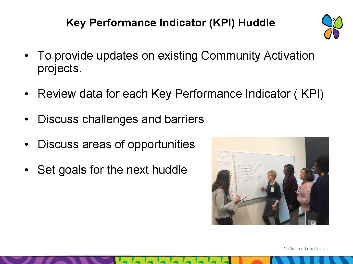 Key Performance Indicator (KPI) Huddle • To provide updates on existing Community Activation projects.