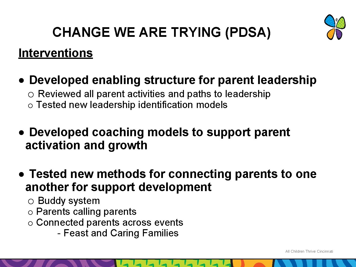 CHANGE WE ARE TRYING (PDSA) Interventions Developed enabling structure for parent leadership o Reviewed