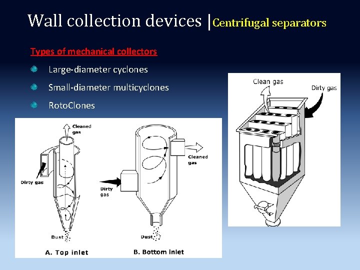Wall collection devices |Centrifugal separators Types of mechanical collectors Large-diameter cyclones Small-diameter multicyclones Roto. Wall collection devices |Centrifugal separators Types of mechanical collectors Large-diameter cyclones Small-diameter multicyclones Roto.
