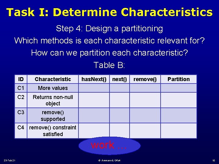 Task I: Determine Characteristics Step 4: Design a partitioning Which methods is each characteristic