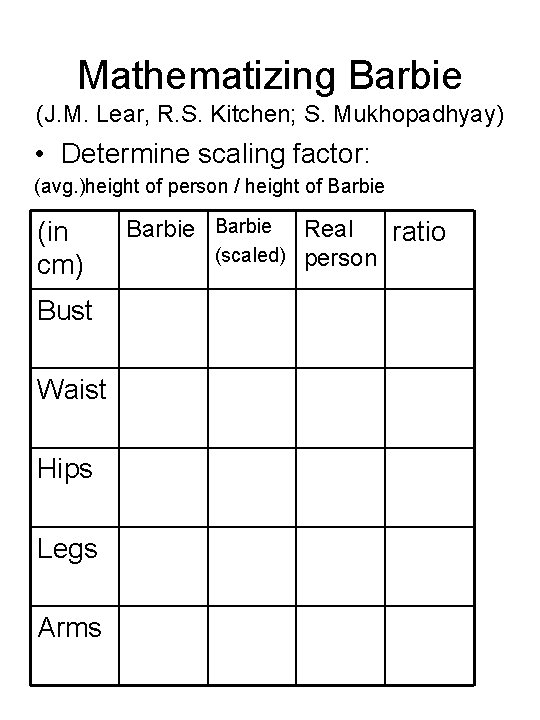 Mathematizing Barbie (J. M. Lear, R. S. Kitchen; S. Mukhopadhyay) • Determine scaling factor: