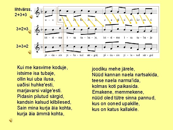 lihtvärss, 2+3+3 3+2+3 3+3+2 Kui me kasvime koduje, istsime isa tubaje, ollin kui uba