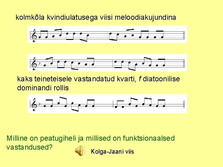 kolmkõla kvindiulatusega viisi meloodiakujundina kaks teineteisele vastandatud kvarti, f diatoonilise dominandi rollis Milline on