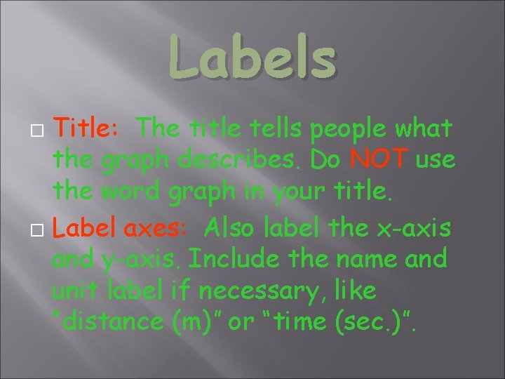 Labels Title: The title tells people what the graph describes. Do NOT use the